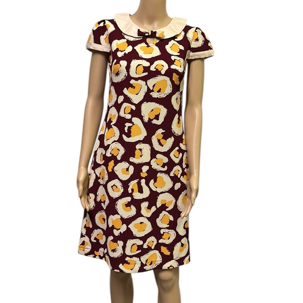 Vintage Handmade Collared Bow Keyhole Short Puff Sleeve Textured Midi Dress M